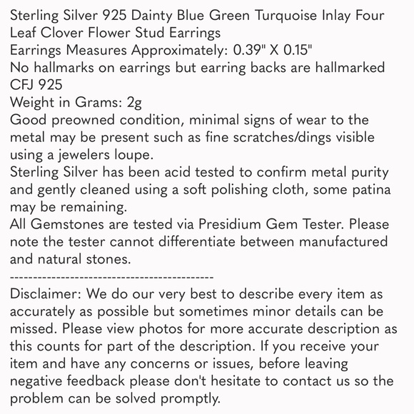 Sterling Silver 925 Dainty Turquoise Inlay Four Leaf Clover Flower Stud Earrings - Picture 12 of 15